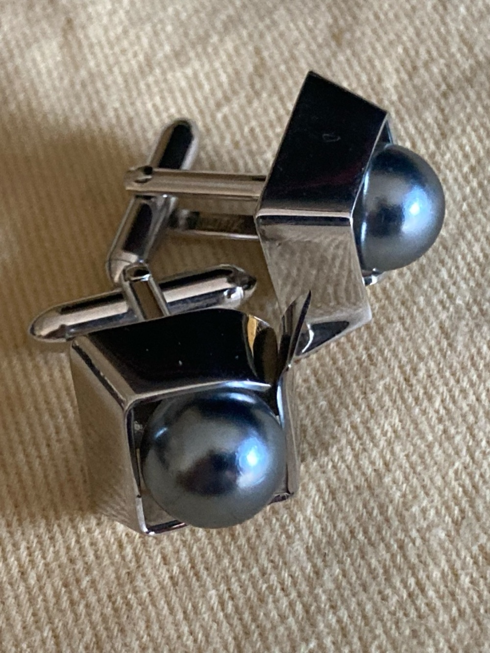Swank Silvertone Geometric Cufflinks with Grey Domes
